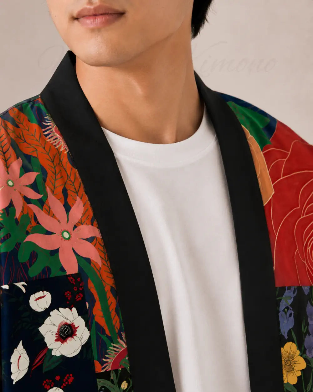 haori homme noir fleuri moderne