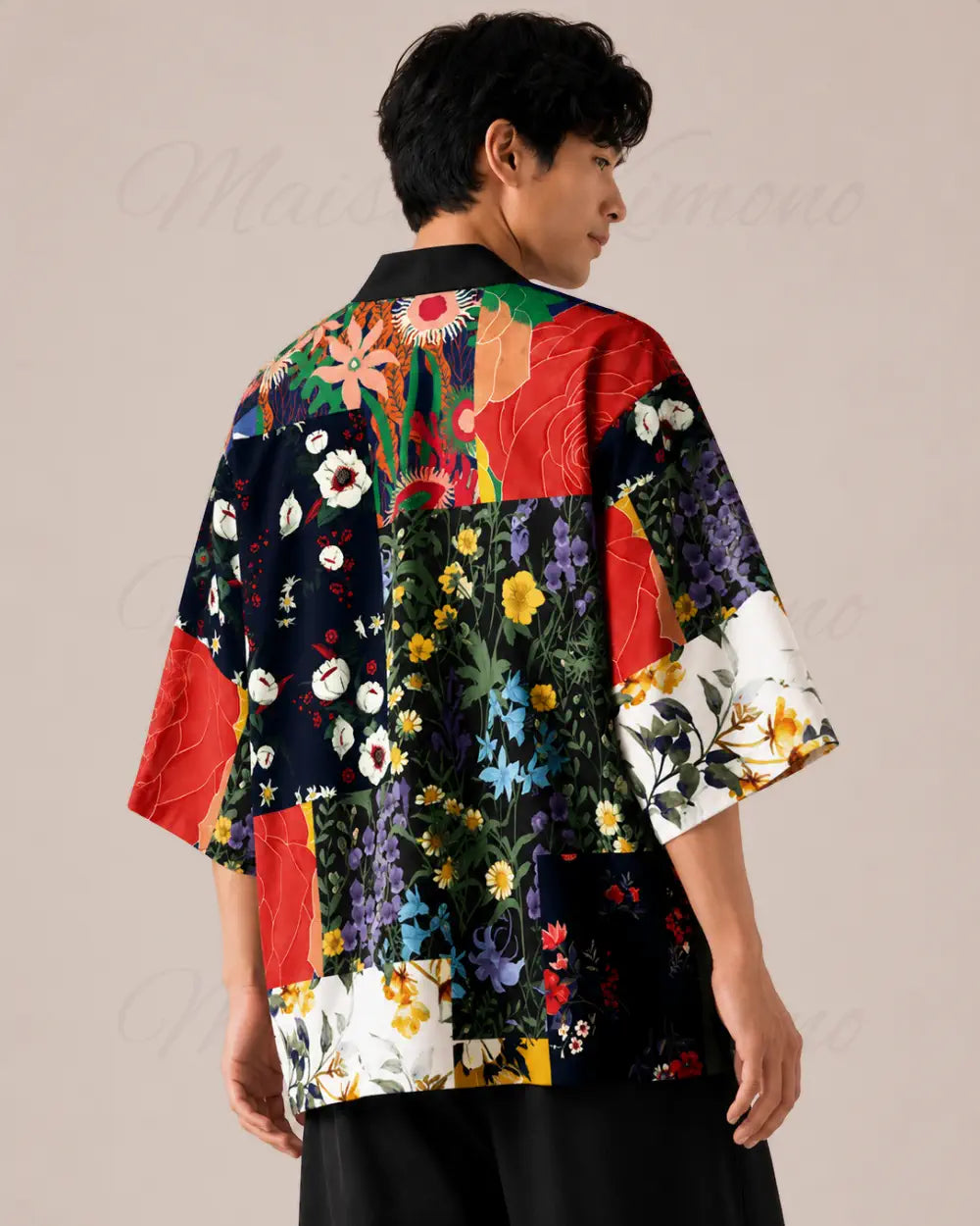 haori homme noir fleuri moderne