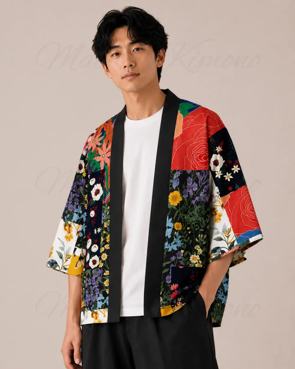 haori homme noir fleuri moderne