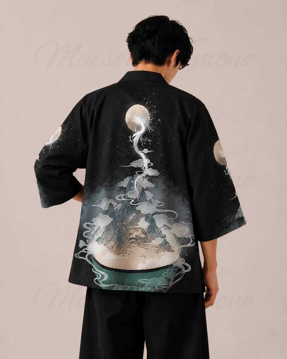 haori homme noir motifs dragons