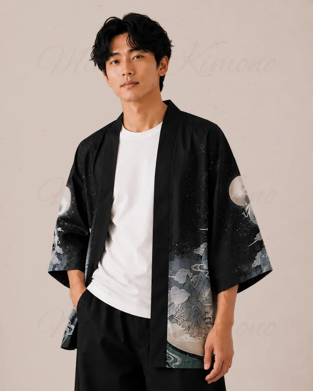 haori homme noir motifs dragons