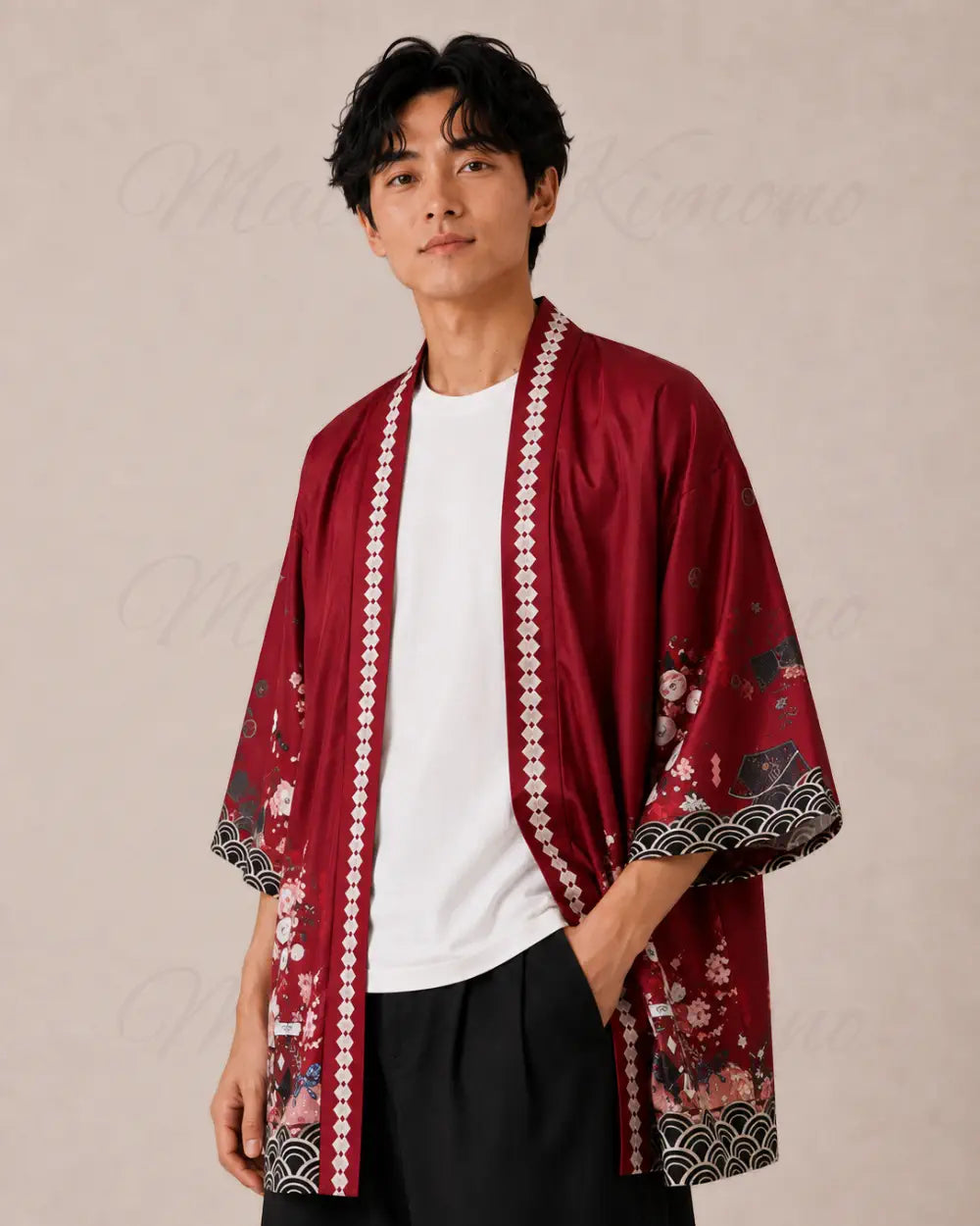 haori homme rouge cerisiers japonais