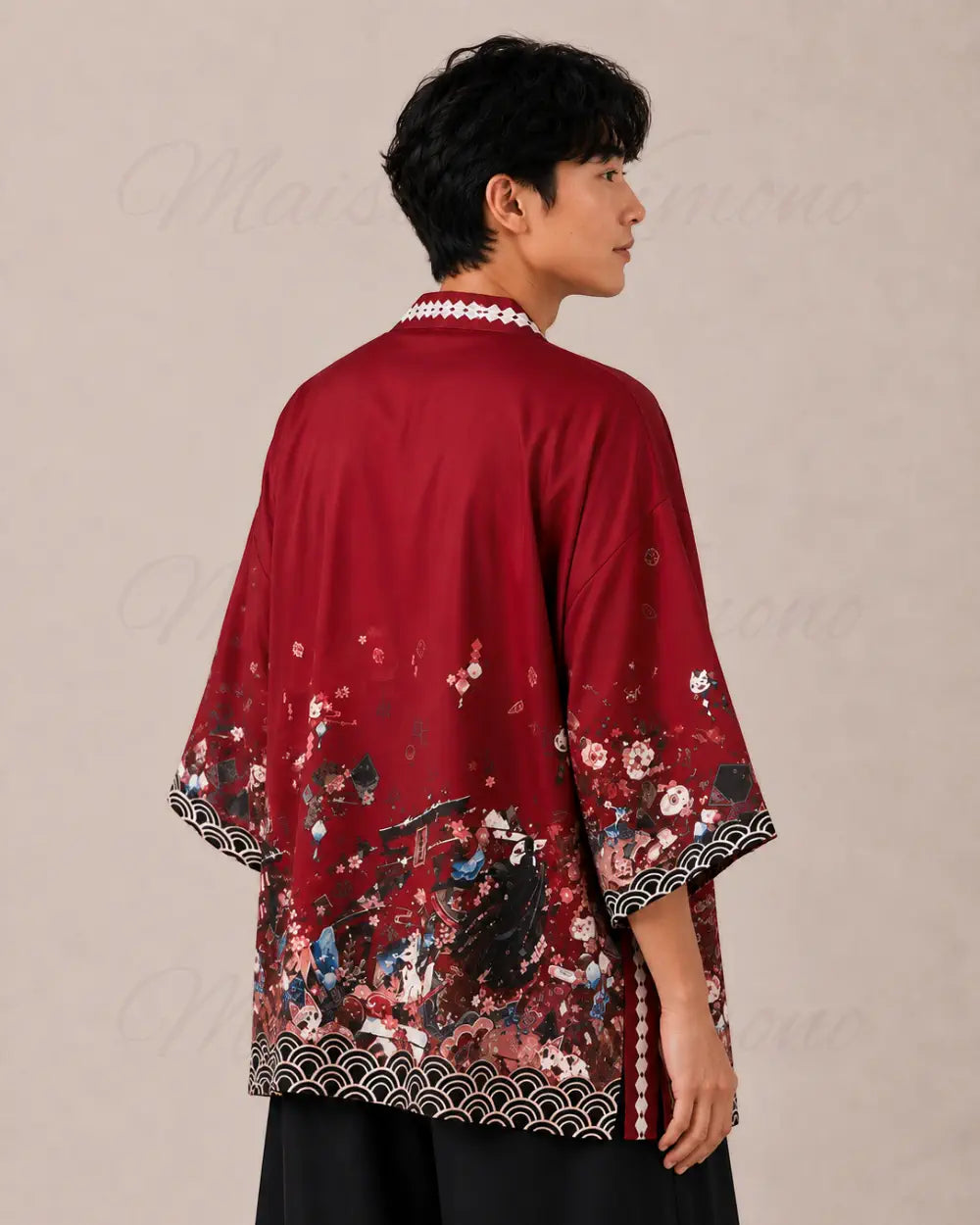 haori homme rouge cerisiers japonais