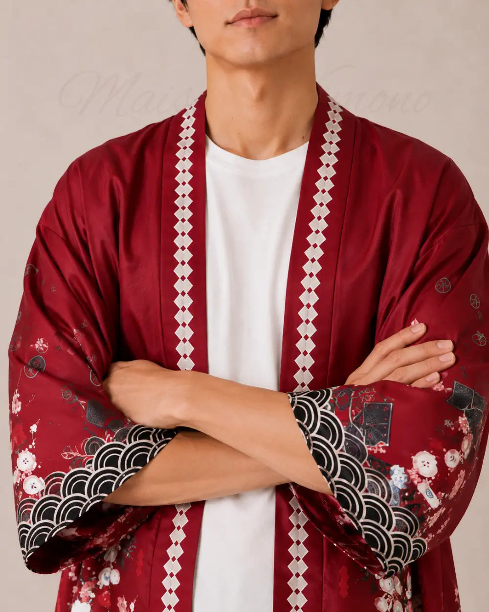 haori homme rouge cerisiers japonais