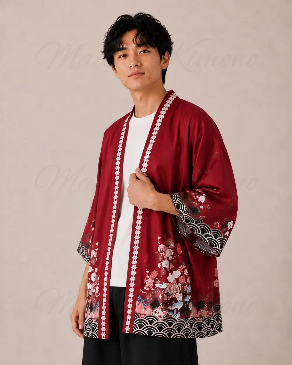 haori homme rouge cerisiers japonais
