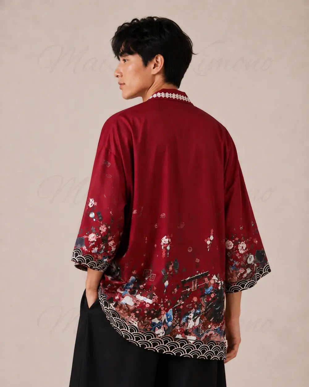 haori homme rouge cerisiers japonais