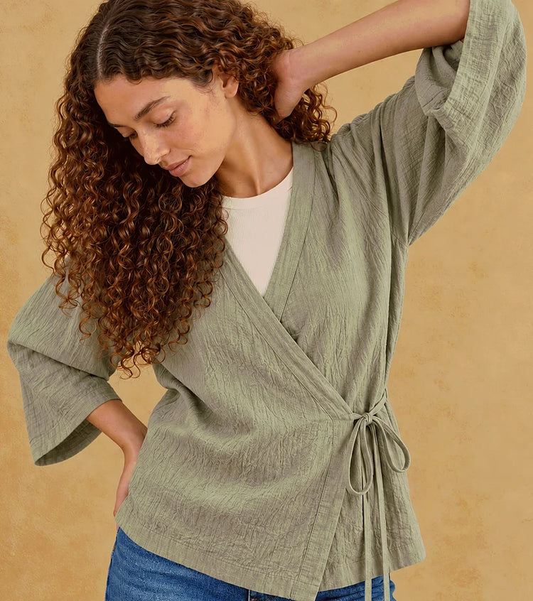 kimono court femme en lin vert