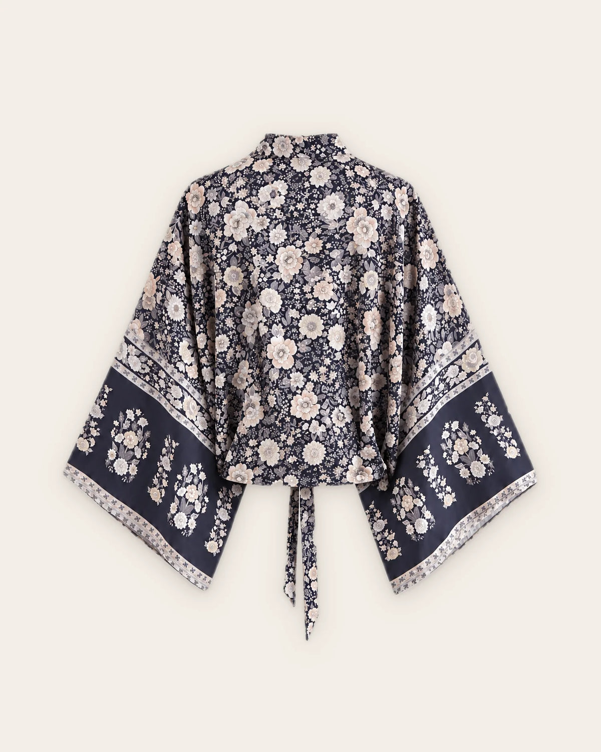 Kimono court femme coton fleuri noir dos