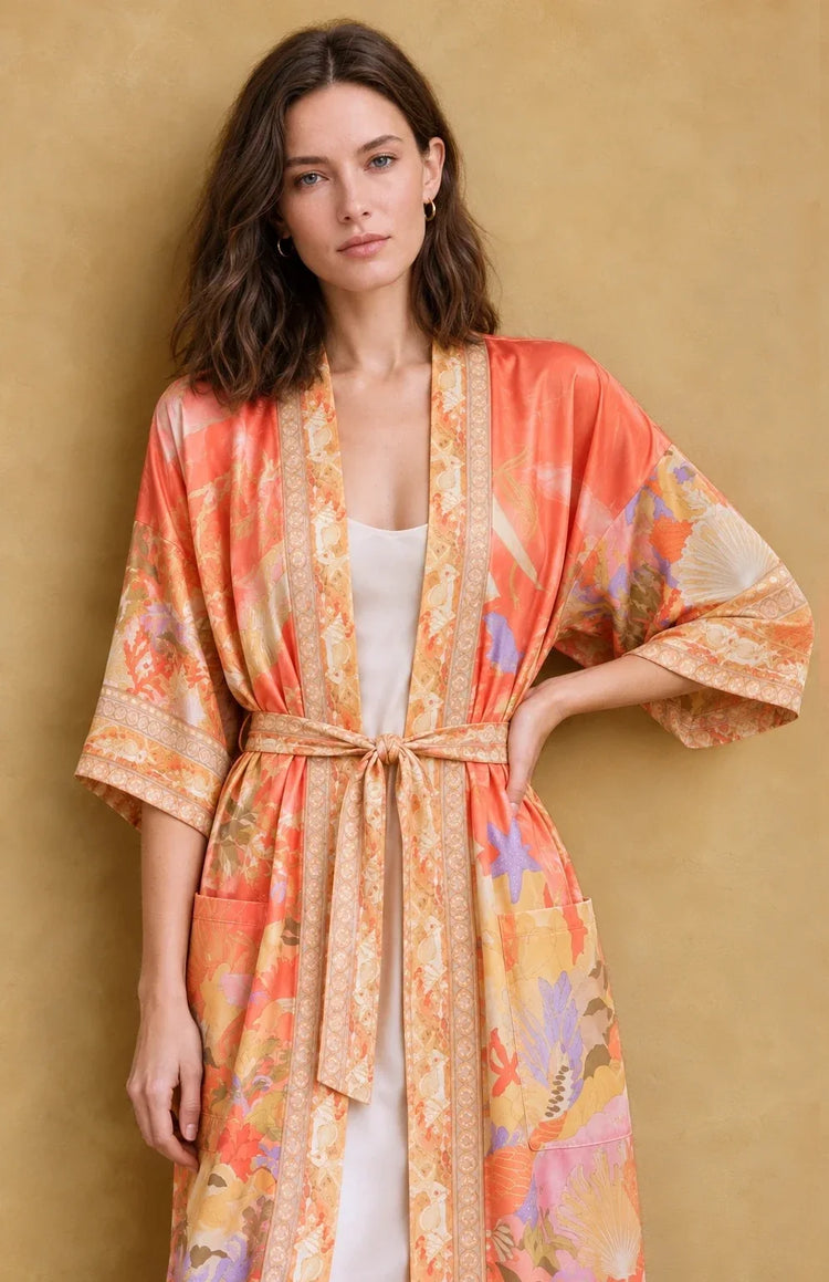 kimono fleuri femme orange