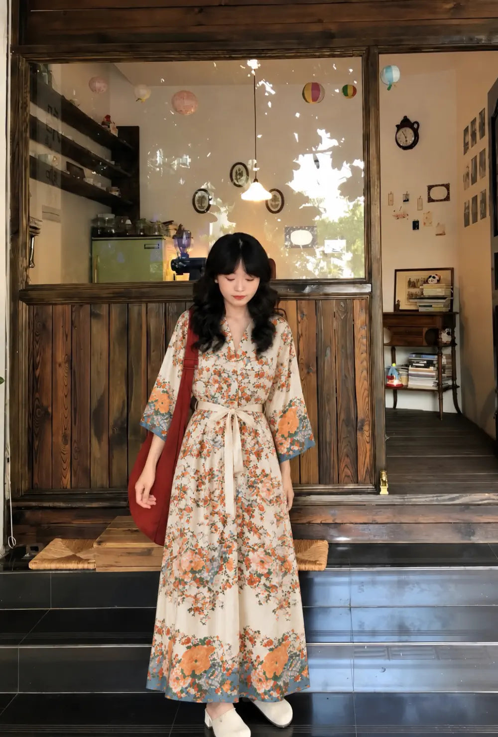 Kimono long femme beige à motifs fleuris bohème porté ceinturé avec un sac rouge devant une boutique en bois