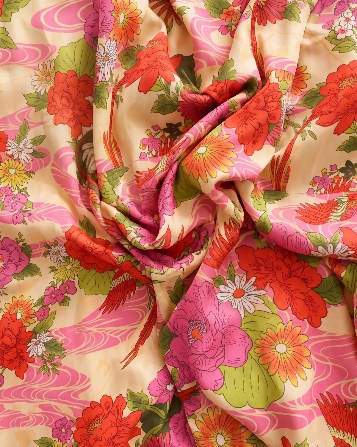 kimono long femme rose fleuri tissu drape