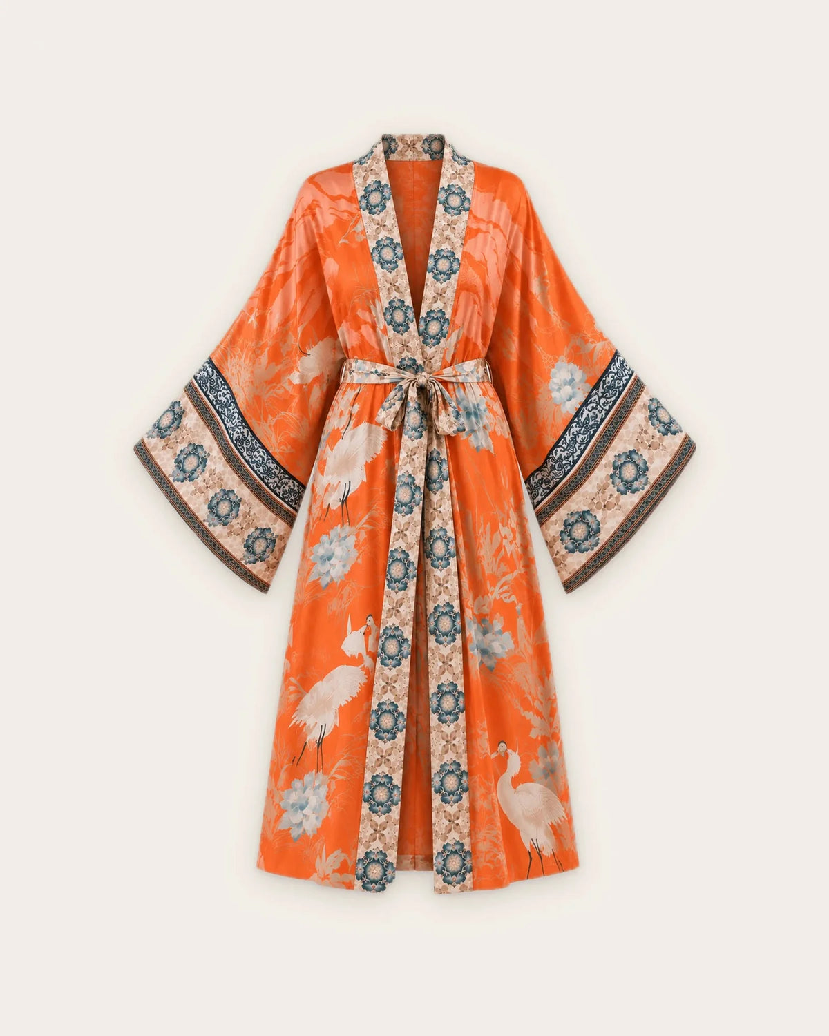 kimono plage femme orange motifs grues style japonais