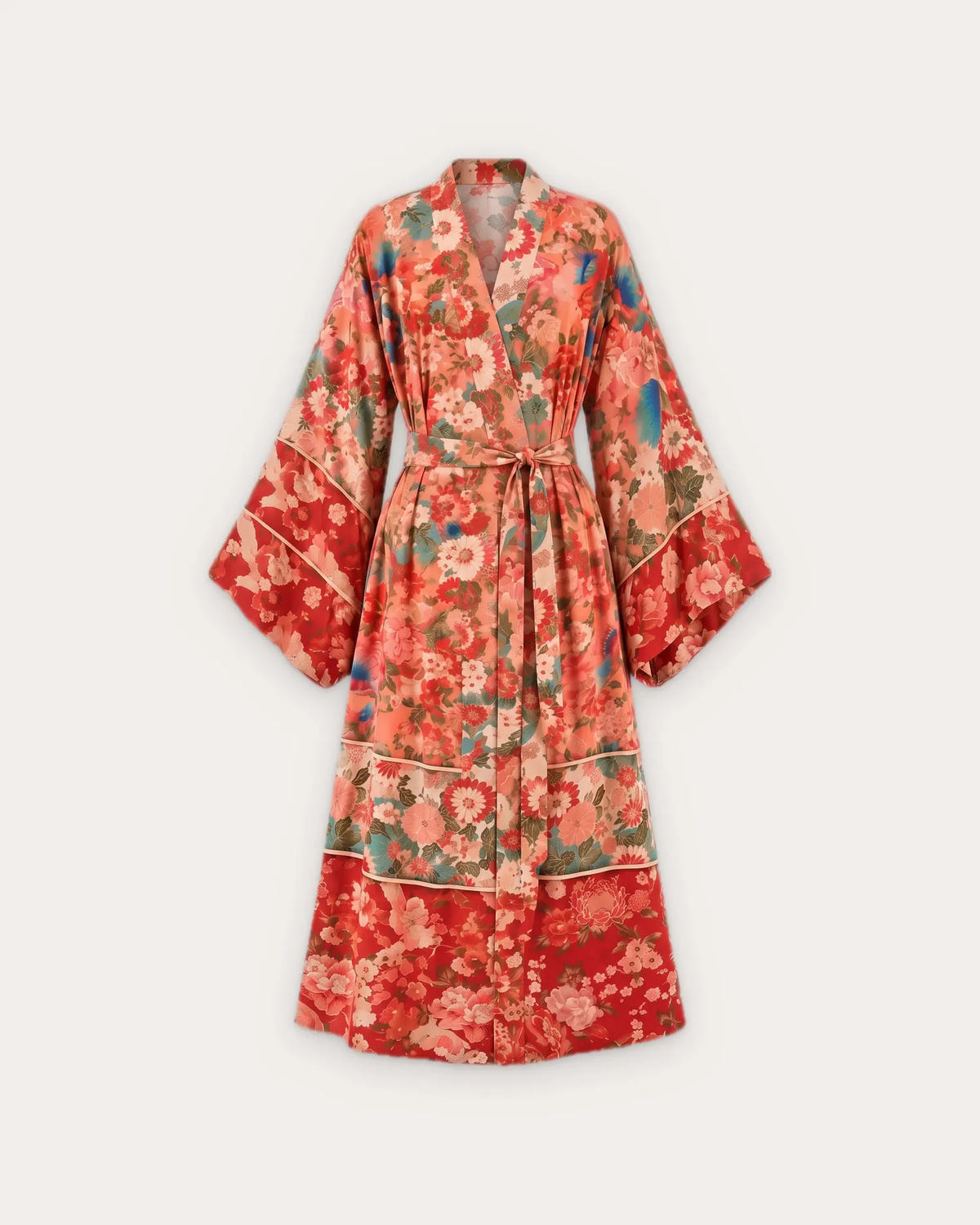 kimono plage femme rouge motifs floraux
