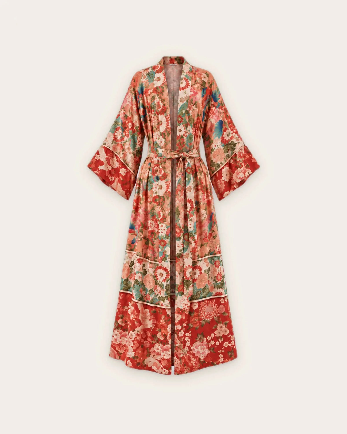 kimono plage femme rouge motifs floraux