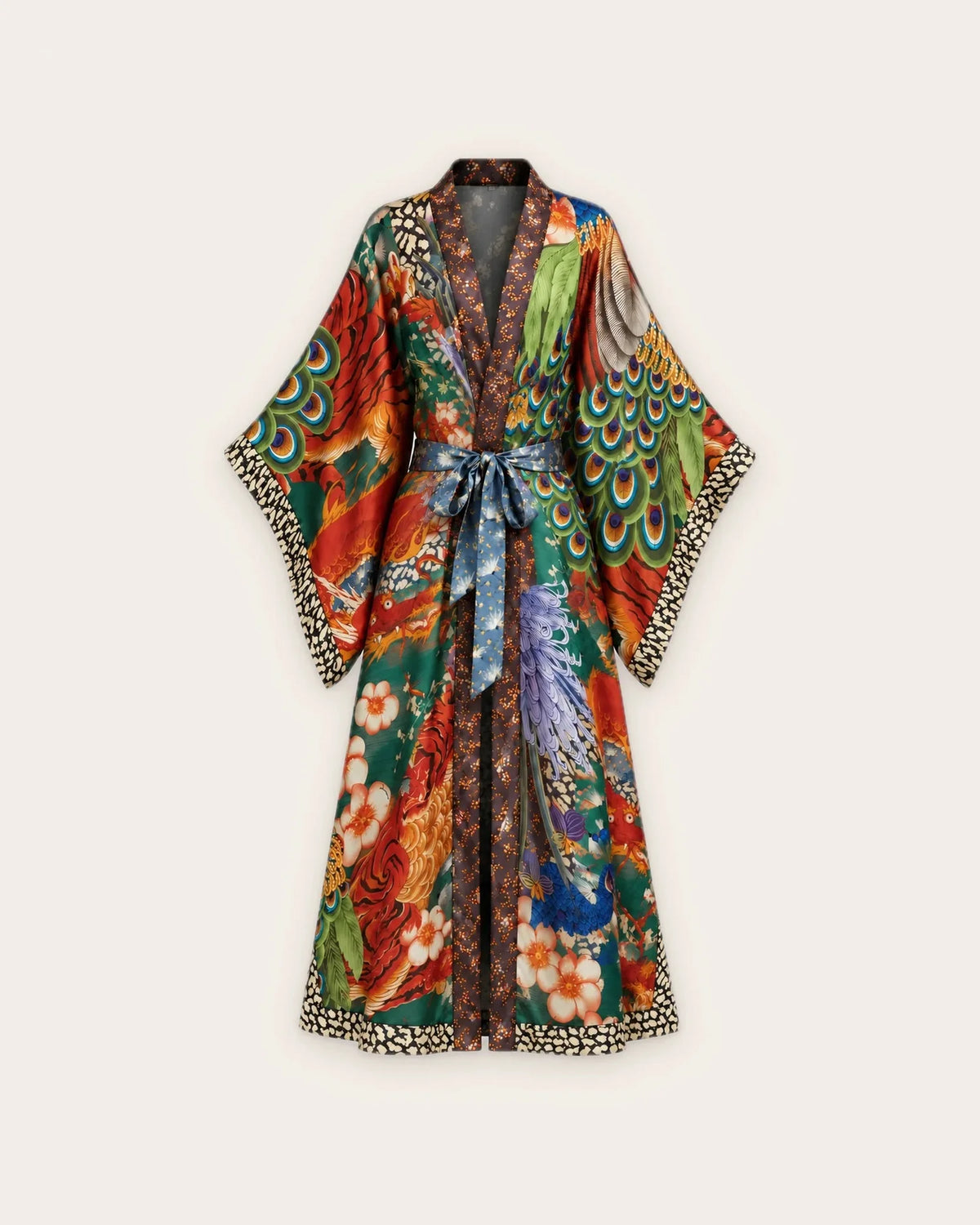kimono plage long vert satiné motifs animaux femme