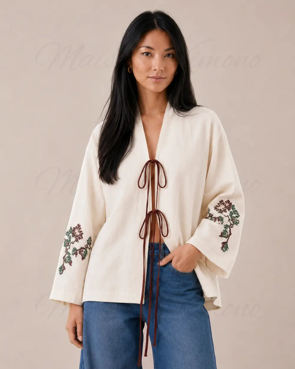kimono court femme beige fleuri