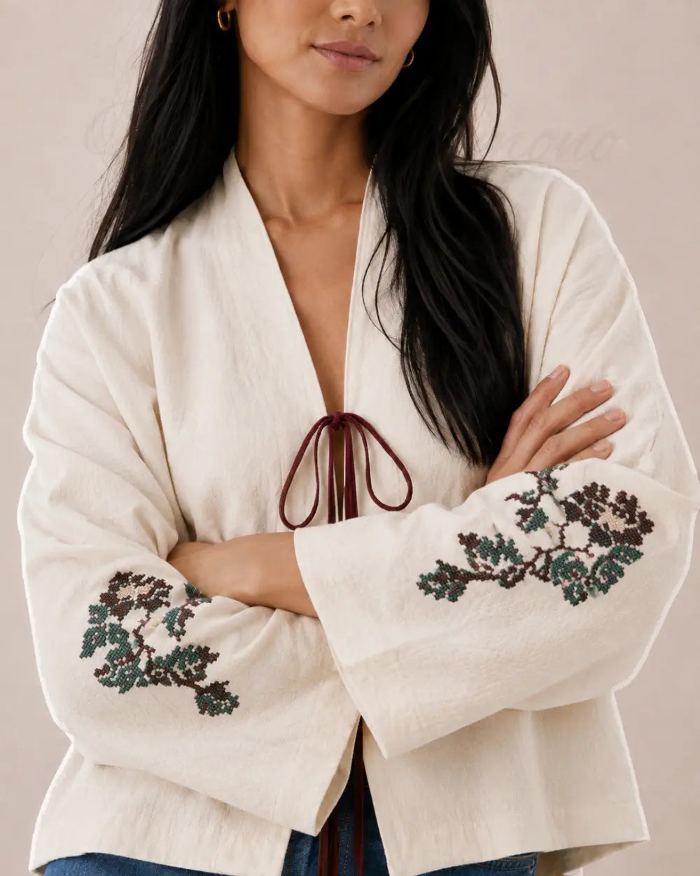 kimono court femme beige fleuri