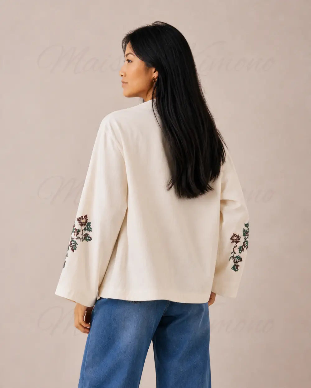 kimono court femme beige fleuri