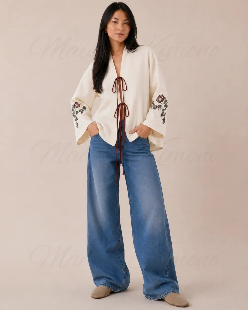 kimono court femme beige fleuri