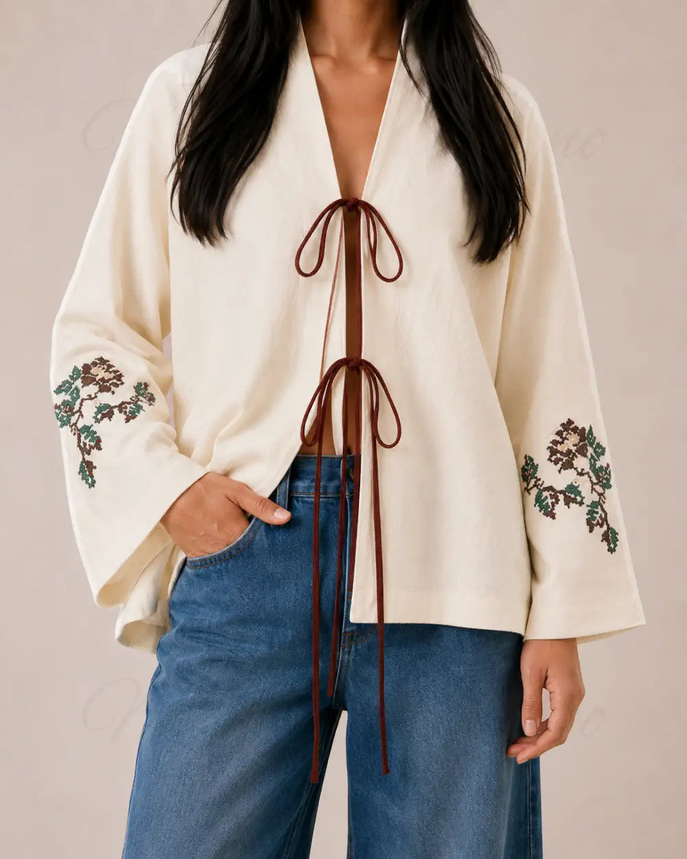 kimono court femme beige fleuri