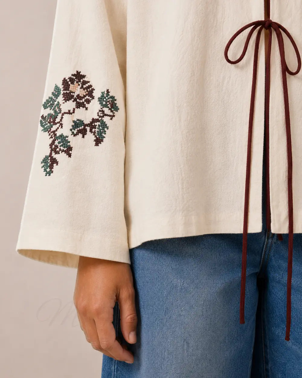 kimono court femme beige fleuri