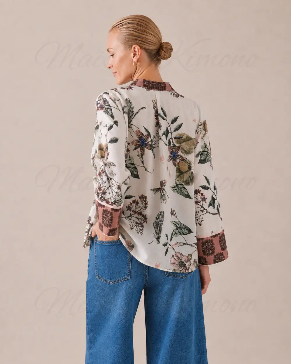 kimono court femme blanc fleuri style japonais