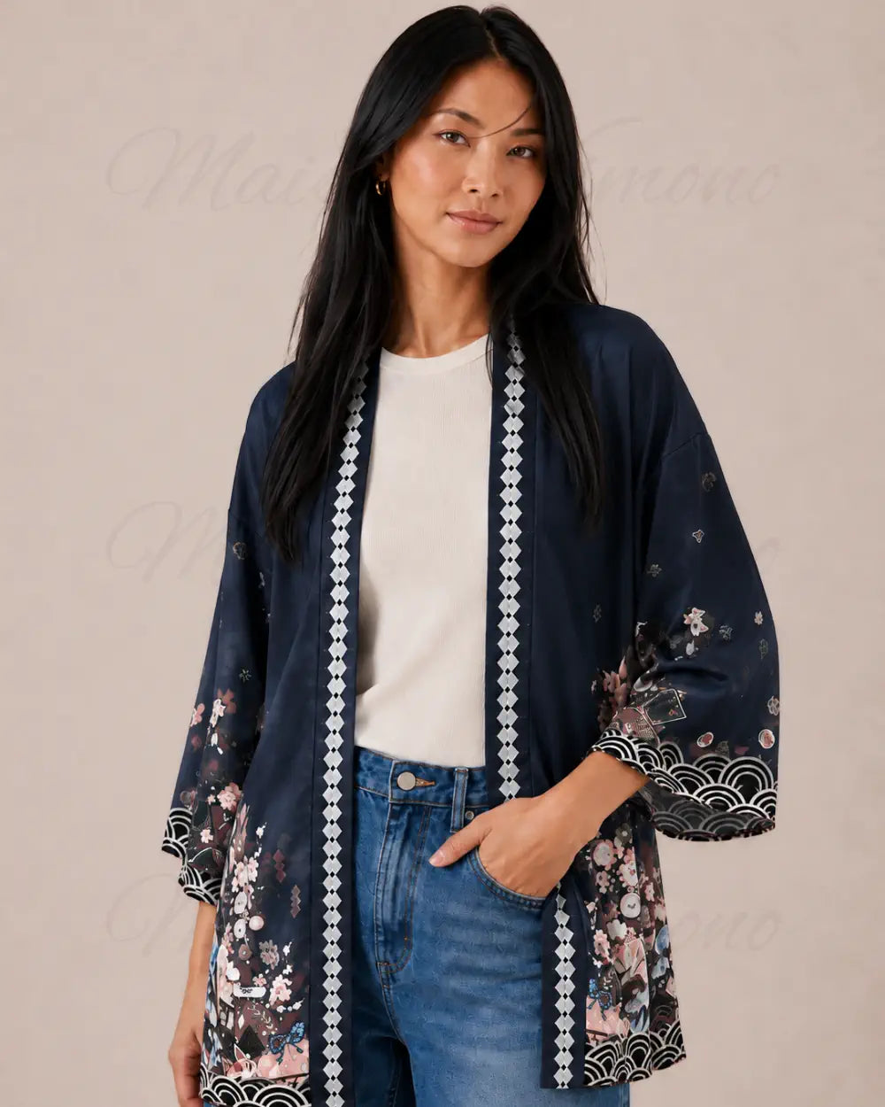 kimono japonais femme bleu fleuri