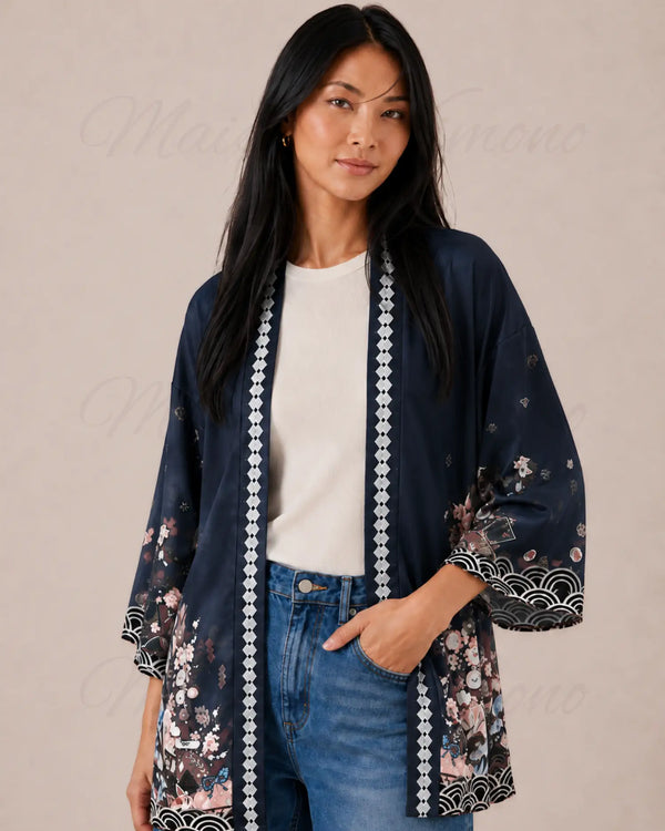 kimono japonais femme bleu fleuri