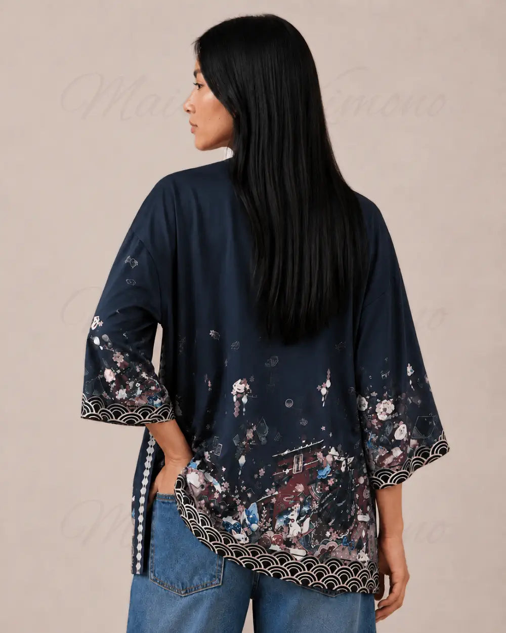 kimono japonais femme bleu fleuri