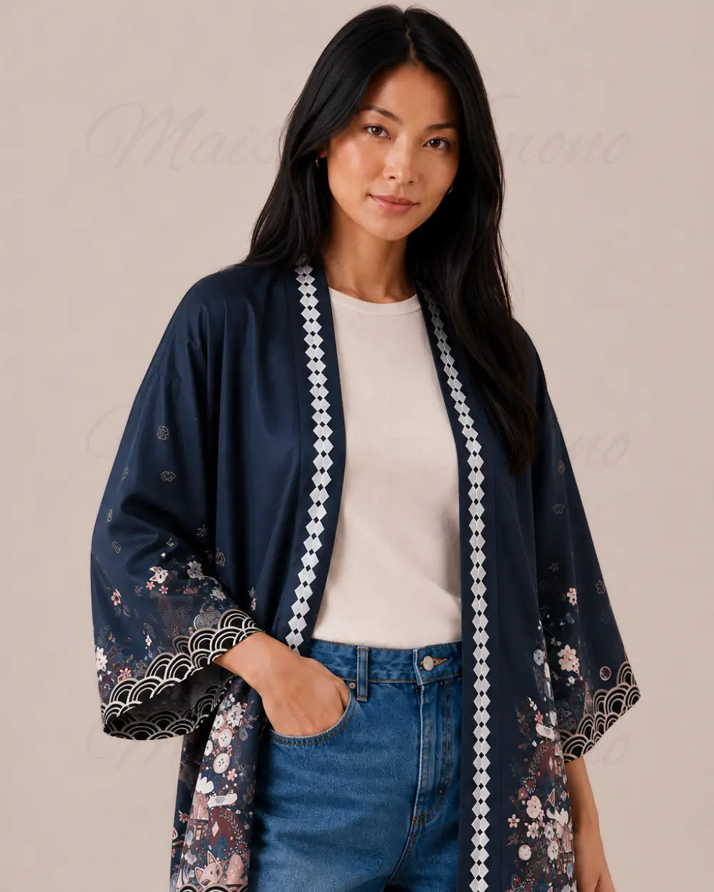 kimono japonais femme bleu fleuri