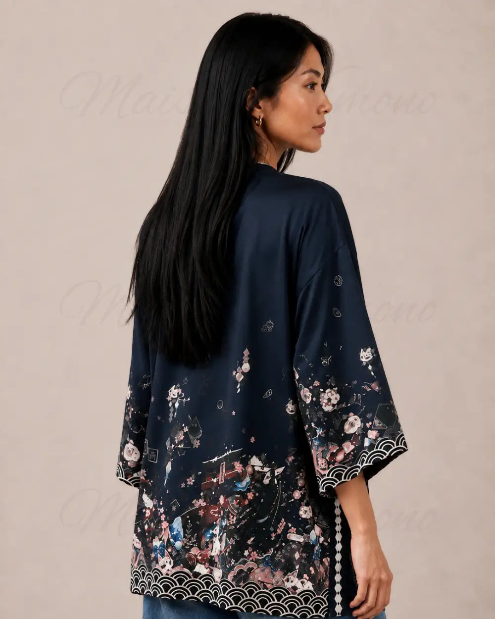 kimono japonais femme bleu fleuri