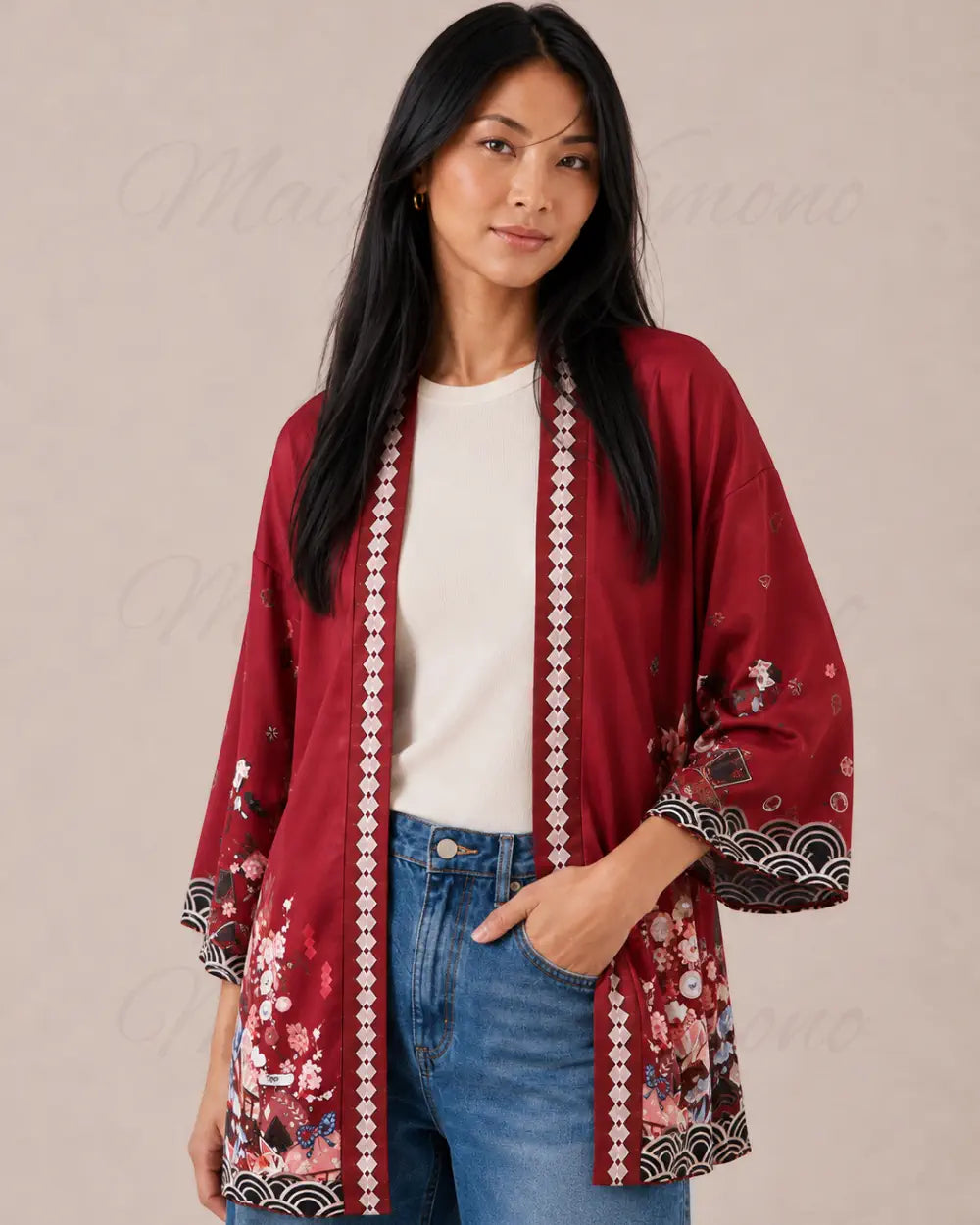 kimono japonais femme rouge fleuri
