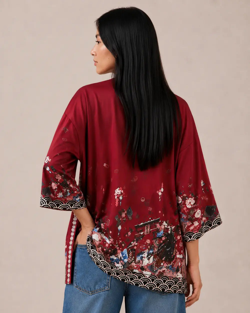 kimono japonais femme rouge fleuri