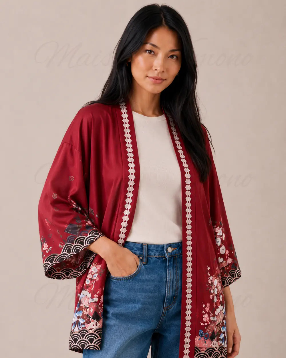 kimono japonais femme rouge fleuri