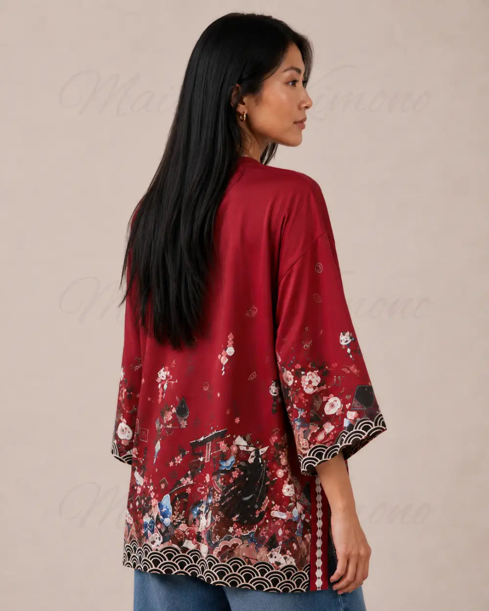 kimono japonais femme rouge fleuri