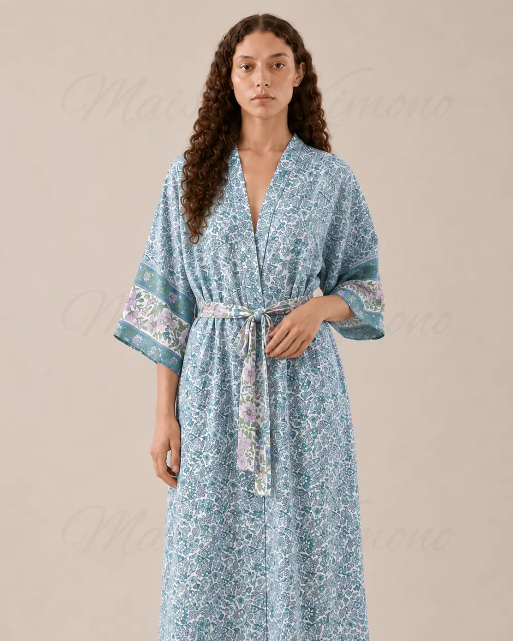 kimono long femme fleuri bleu boheme