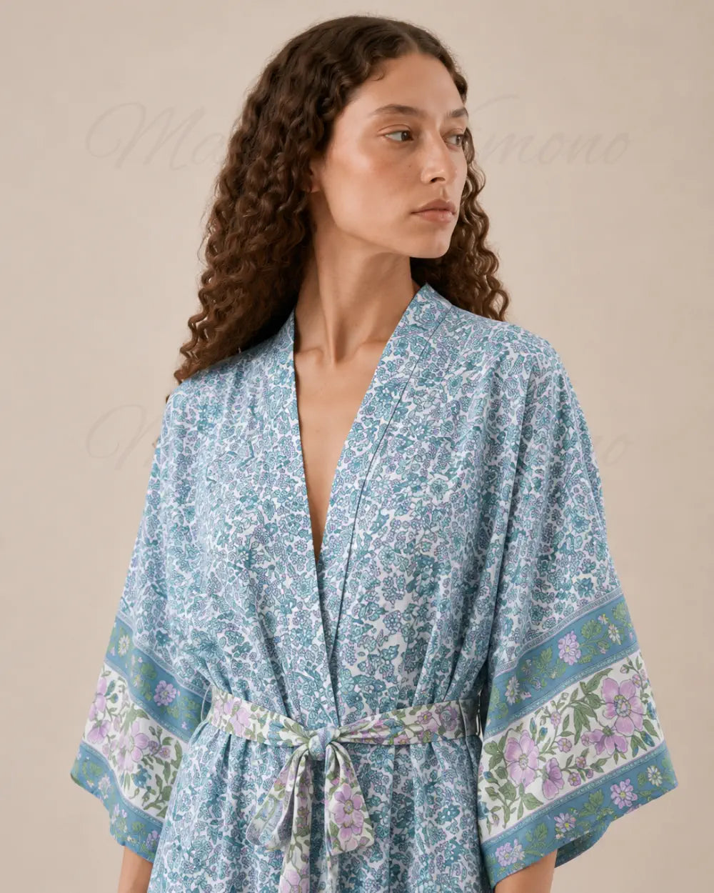 kimono long femme fleuri bleu boheme