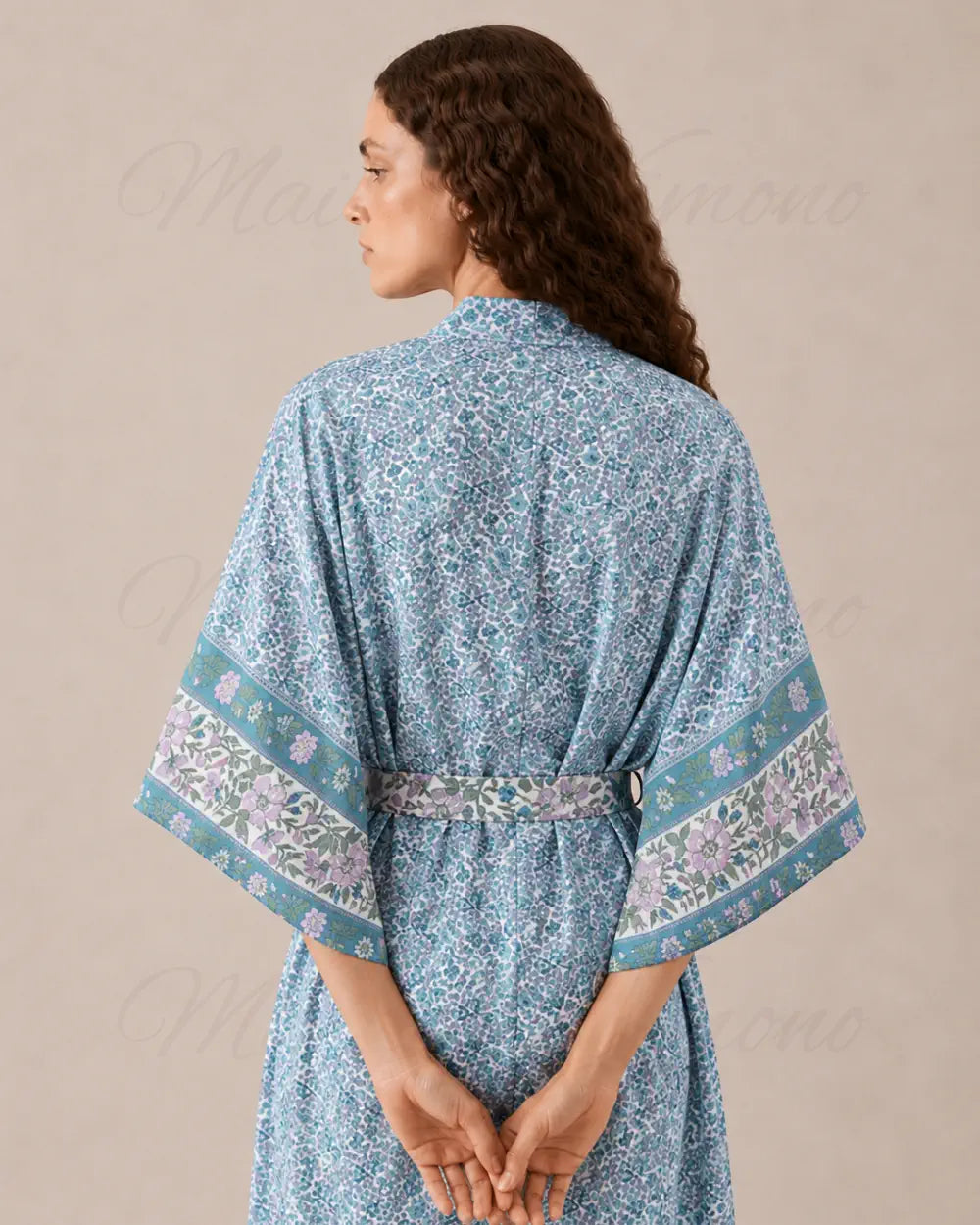 kimono long femme fleuri bleu boheme