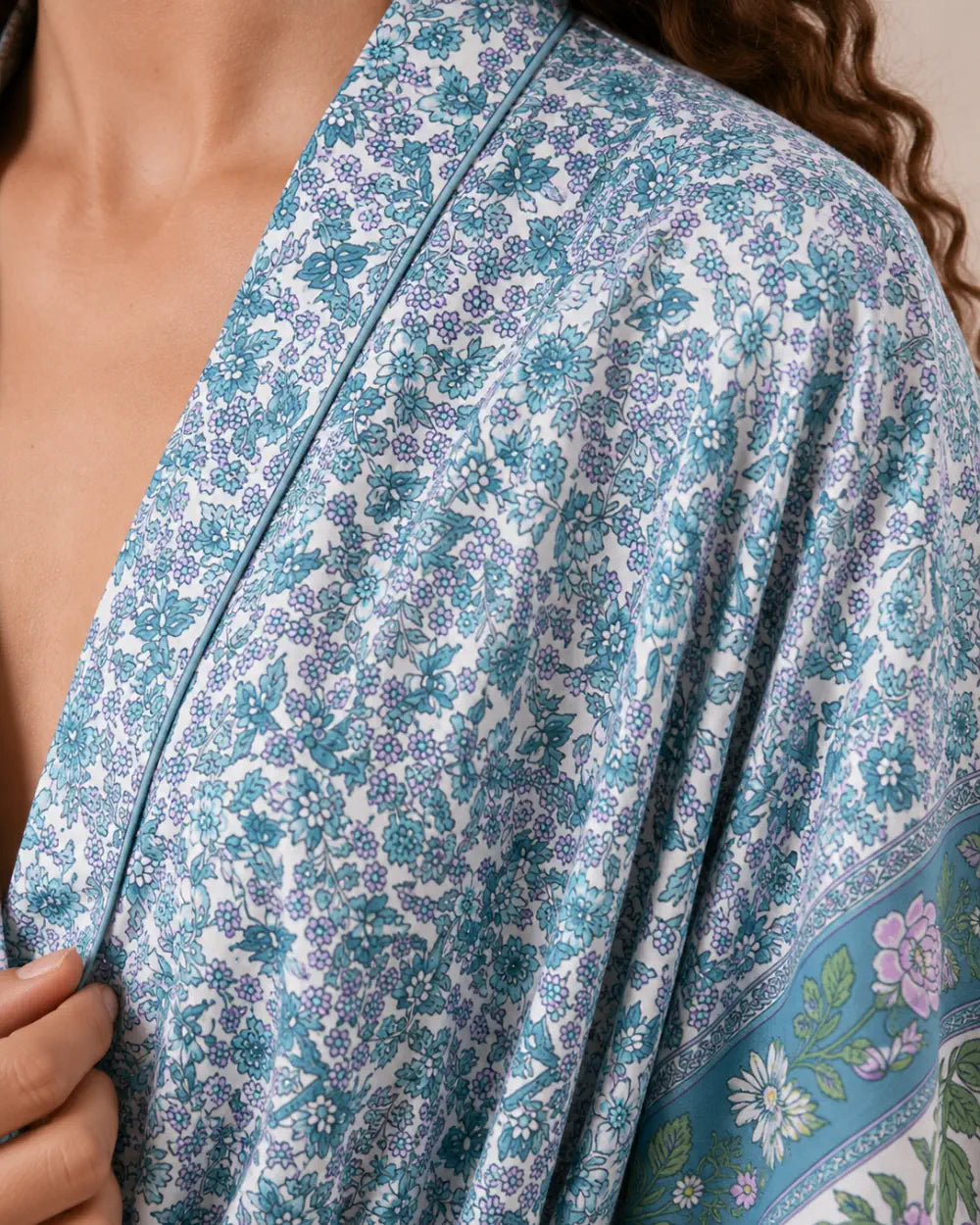 kimono long femme fleuri bleu boheme
