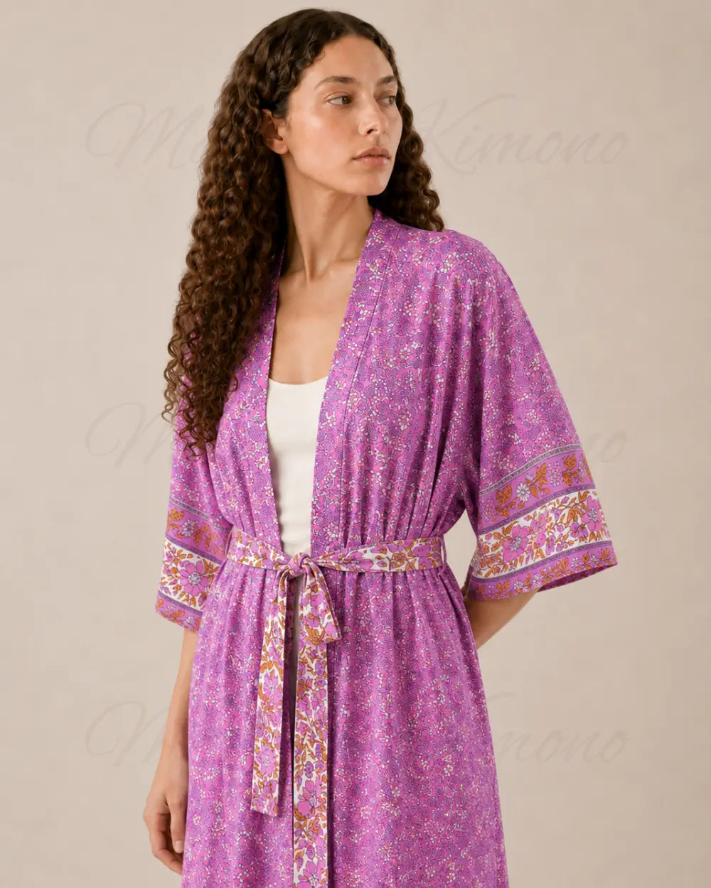 kimono long femme fleuri fuchsia boheme