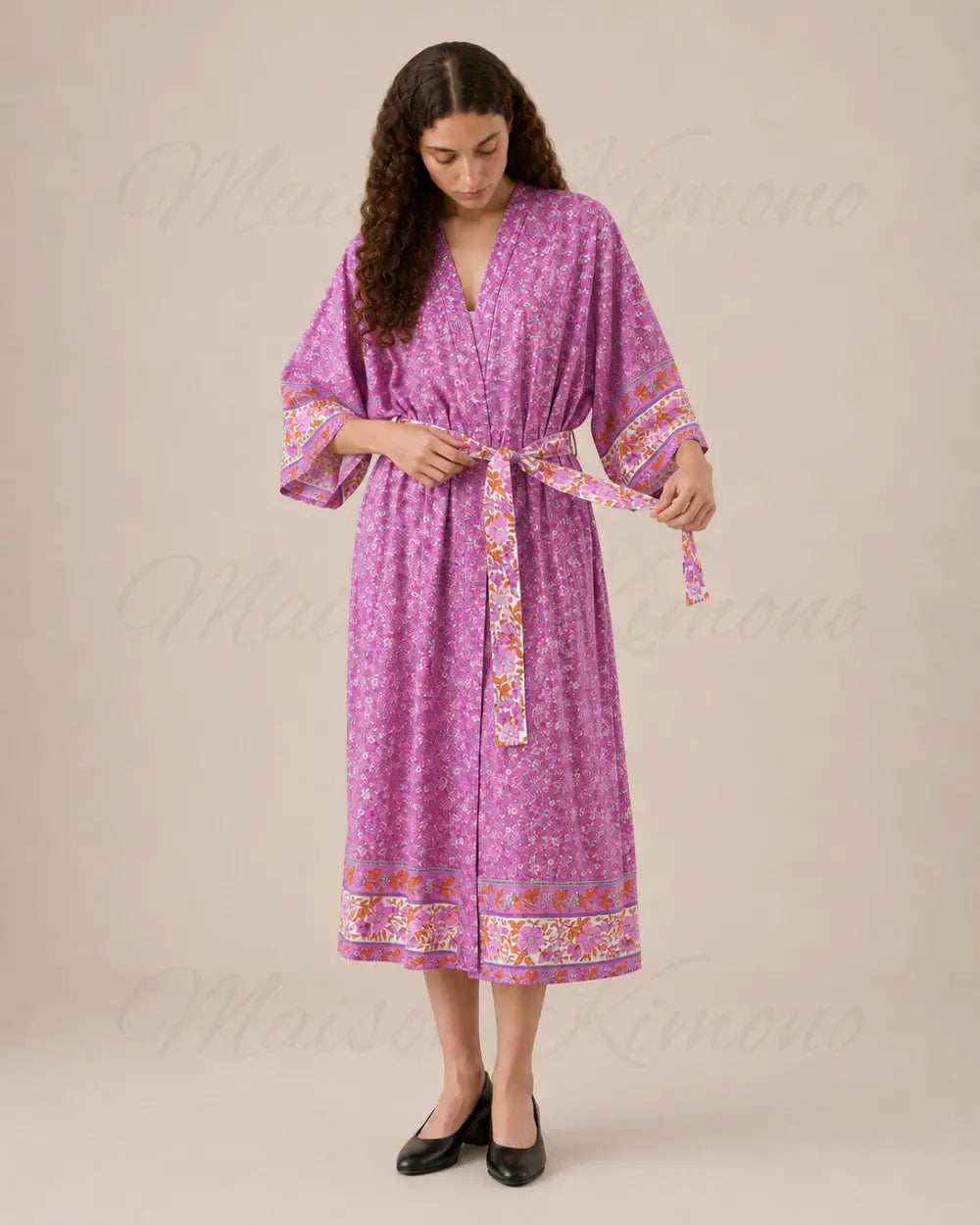 kimono long femme fleuri fuchsia boheme