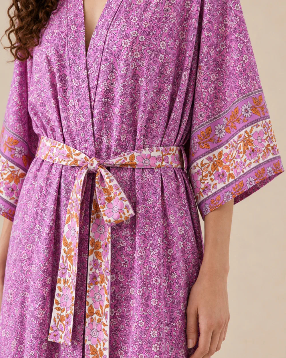 kimono long femme fleuri fuchsia boheme