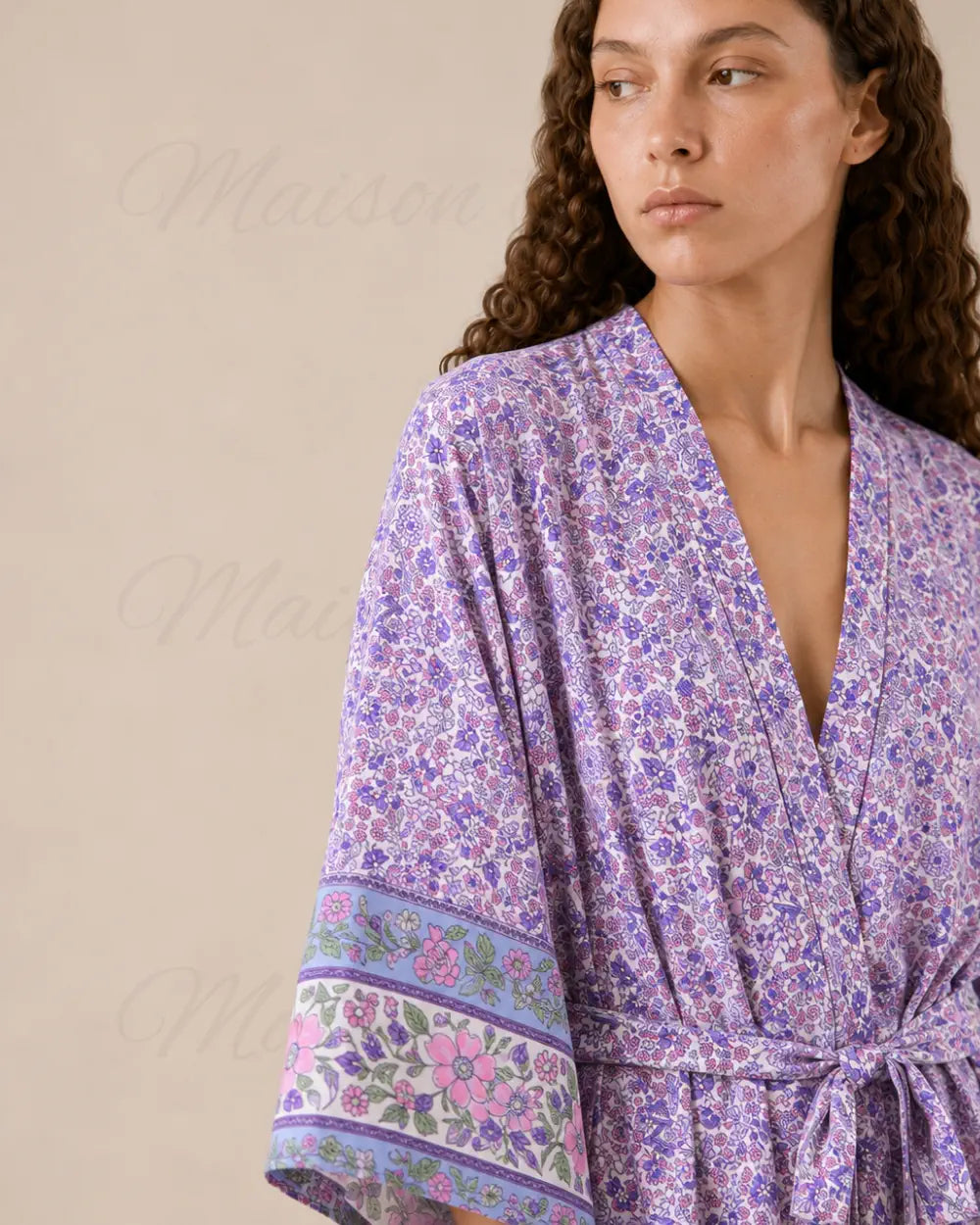 kimono long femme fleuri violet boheme