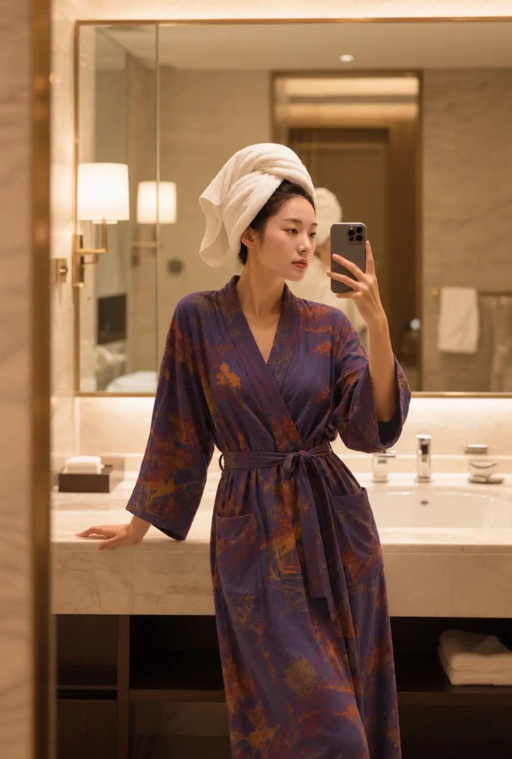 Peignoir kimono femme bleu en coton à motif japonais porté ceinturé devant le miroir d'une salle de bain en marbre