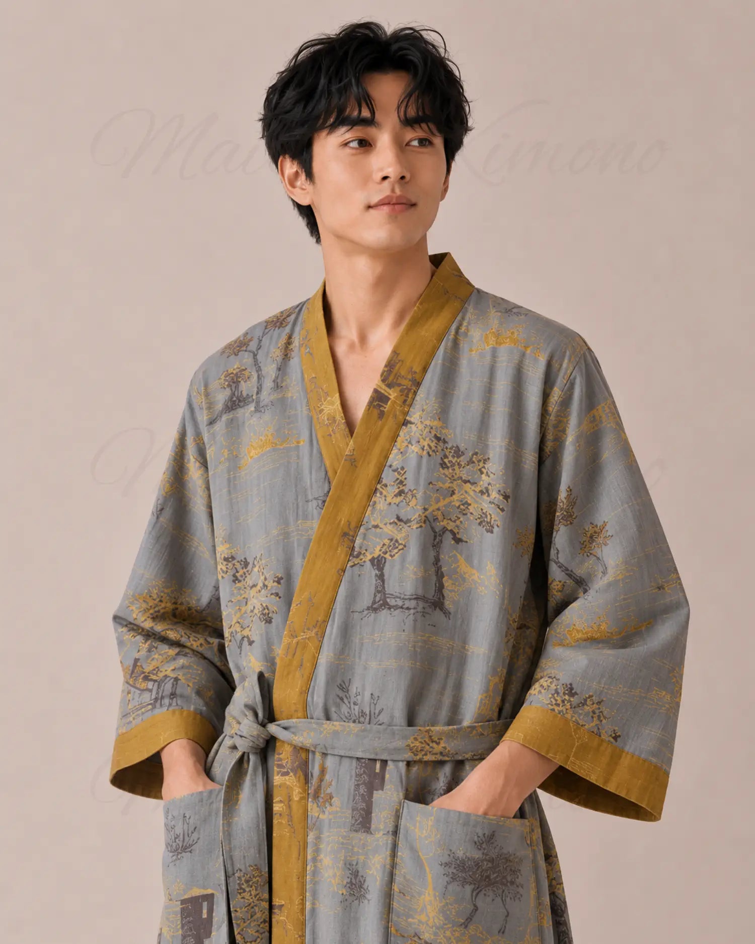peignoir japonais homme coton gris or