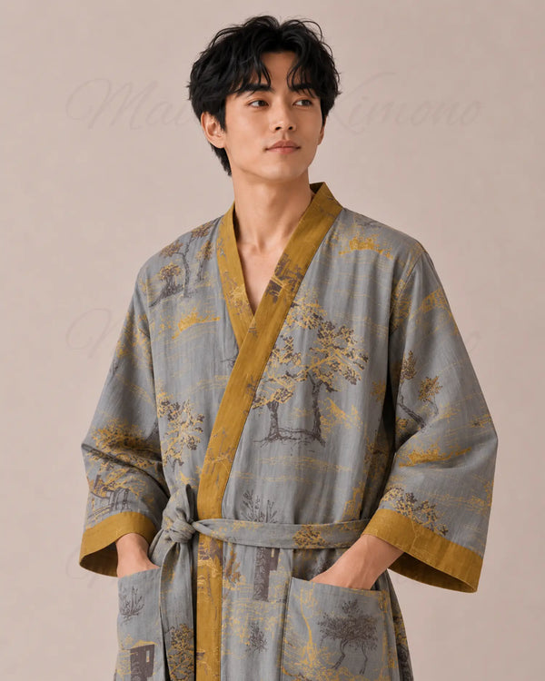 peignoir japonais homme coton gris or