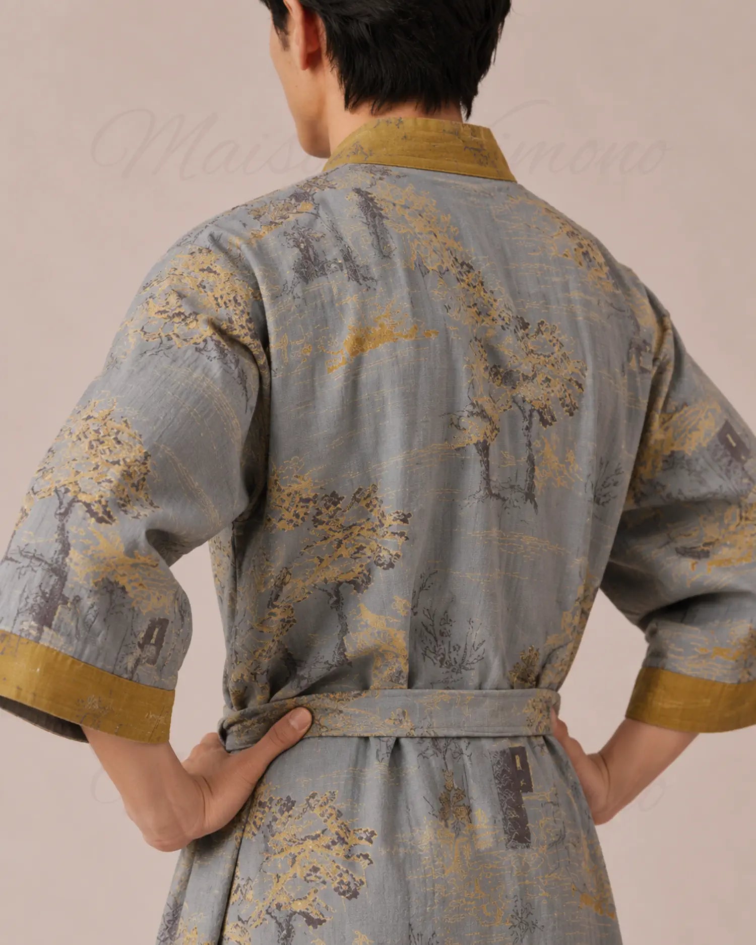 peignoir japonais homme coton gris or