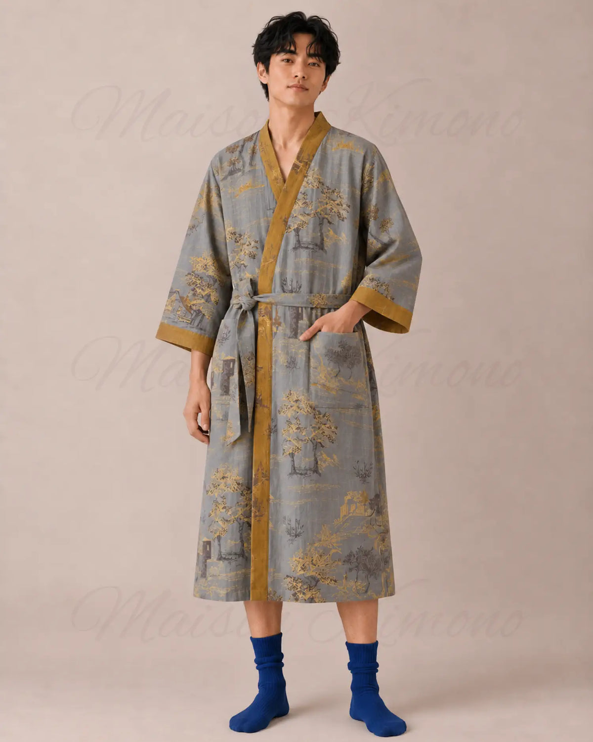 peignoir japonais homme coton gris or