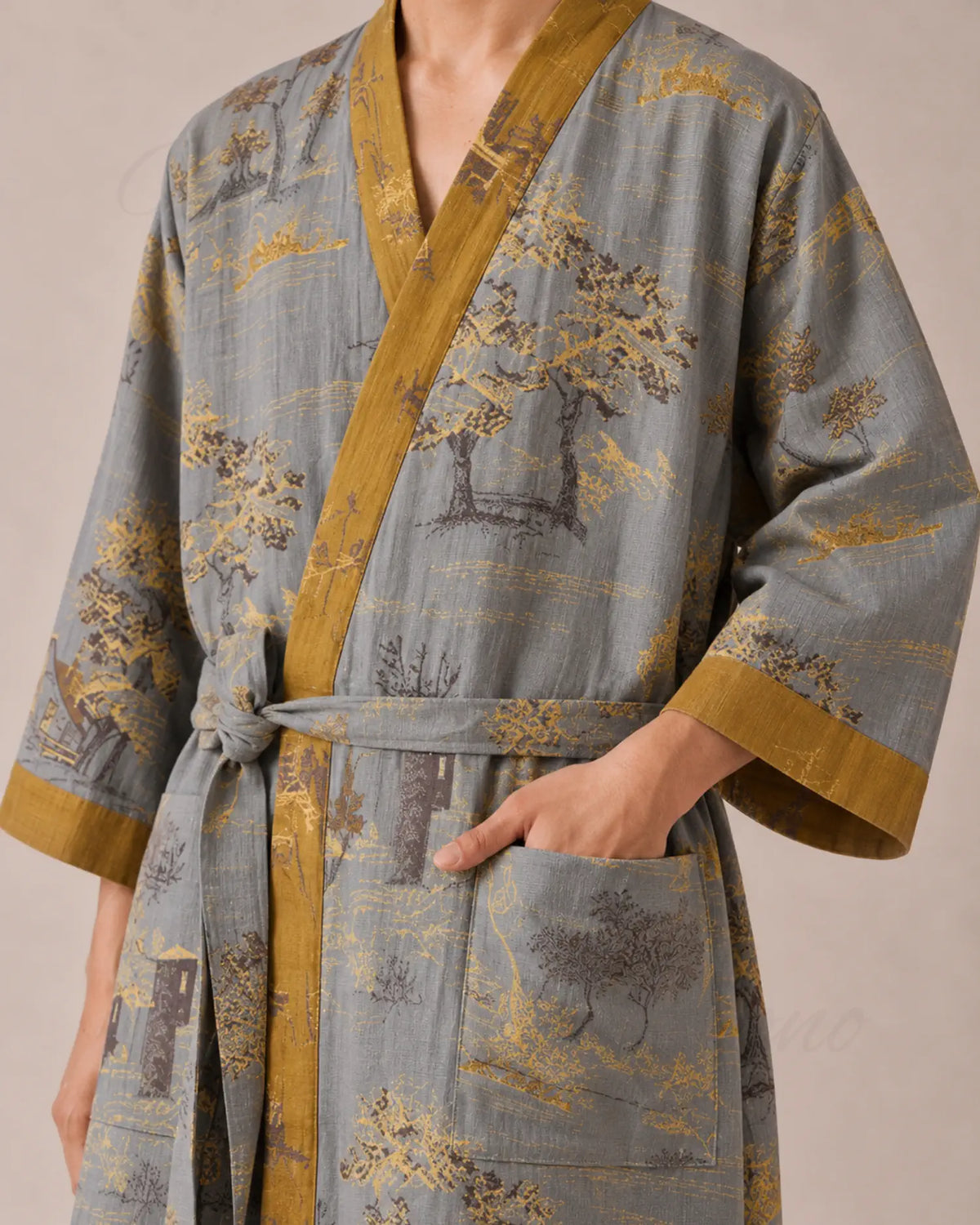 peignoir japonais homme coton gris or
