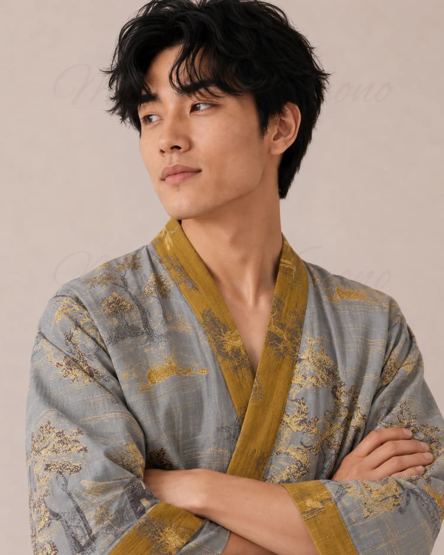 peignoir japonais homme coton gris or
